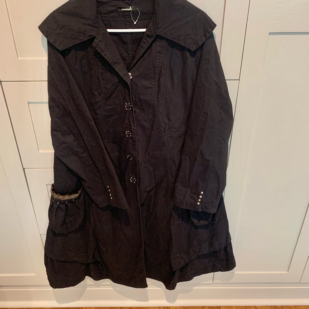 Animale Black Cotton Trench Coat with Decorative Cuff Detail and pockets